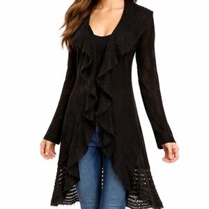 Moda International Kid Mohair Black Ruffle Duster Cardigan Size M